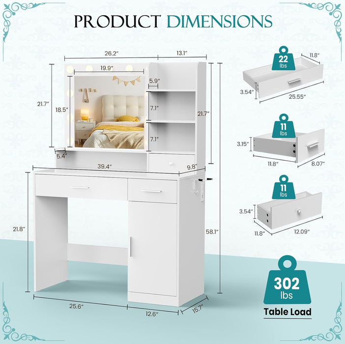 3 Lighting Modes Adjustable Brightness, with LED Lights and Mirror, with Power Outlets and 2 Drawers, 4 Storage Shelves Cabinet, White Makeup Table, Vanity Desk, Dressing Table for Bedroom