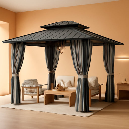 10X12Ft Hardtop Gazebo,Galvanized Steel Double Roof with Aluminum Frame,Outdoor Permanent Pavilion with Breathable Netting & Privacy Curtain for Patio,Backyard,Deck,Lawn,Gray