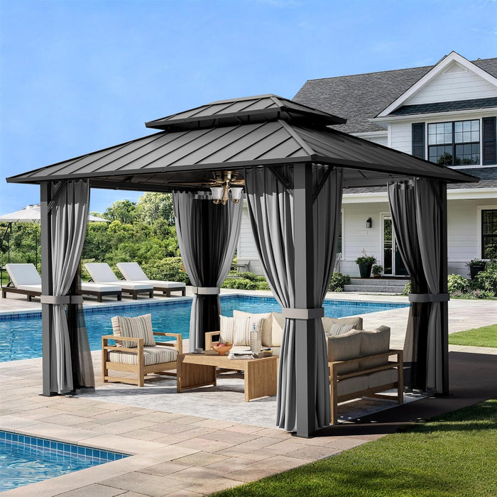 10X12Ft Hardtop Gazebo,Galvanized Steel Double Roof with Aluminum Frame,Outdoor Permanent Pavilion with Breathable Netting & Privacy Curtain for Patio,Backyard,Deck,Lawn,Gray