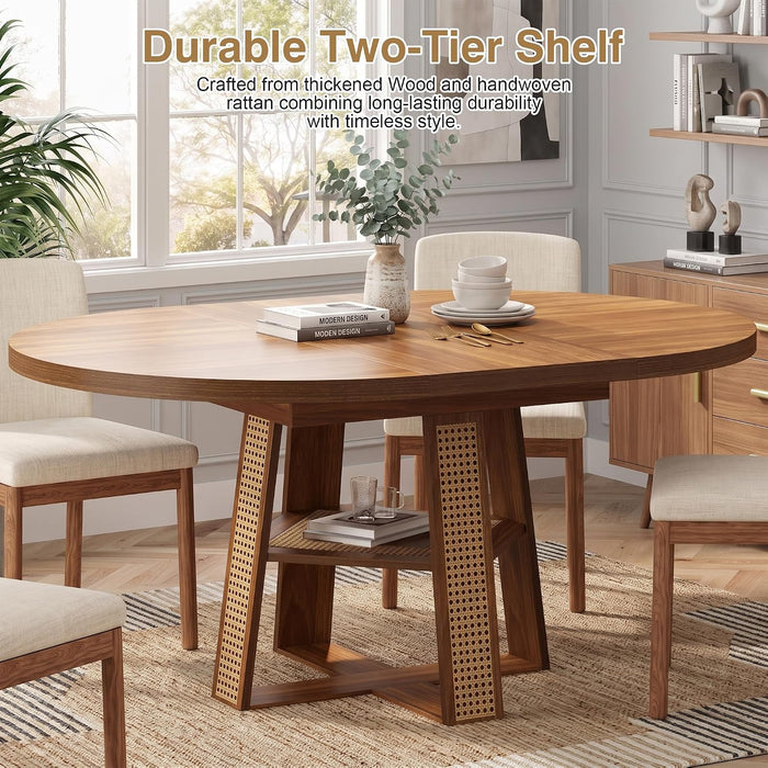 43"-59" Extendable round Dining Table for 4-8, Cross Leg | Modern Kitchen Oval Dining Table with Removable Leaves, Wood Base with Storage Shelf for Kitchen Living Room, Walnut