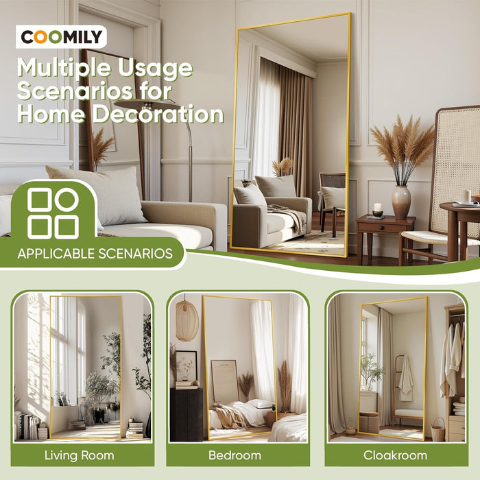 Full-Length Floor Mirror with Stand, 58"X18" Rectangle Style Full Body Standing Mirror for Bedroom, Living Room, Gym, Dorm - Shatter-Resistant & Easy Assembly, Gold