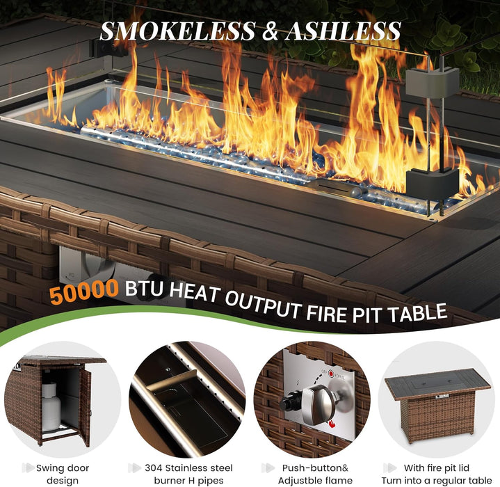 Oversized Outdoor Sectional Sofa Set with 44" Metal Fire Pit Table & Storage Coffee Table - Waterproof Wicker Patio Furniture Set, Modular Furniture with Removable Cushions (Grey)