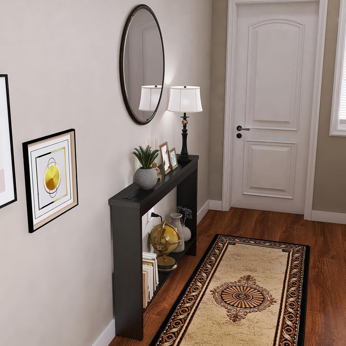 Narrow Sofa Table with Outlet, USB Ports and Charging Station - Skinny Console Table for Living Room and Entryway, Black