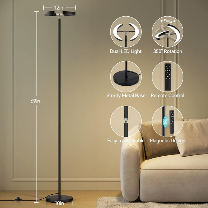 Floor Lamps for Living Room, 28W/1600LM Bright LED Floor Lamp with Remote & 2 Rotatable Lights, 74" Dimmable Tall Standing Lamp, Modern Reading Torchiere Corner Lamp for Bedroom Office, Black