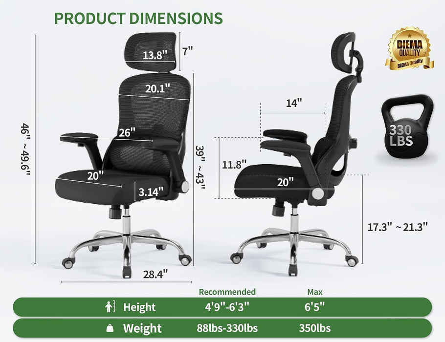 Ergonomic Office Chair - 330LBS Computer Desk Chair with Headrest&Lumbar