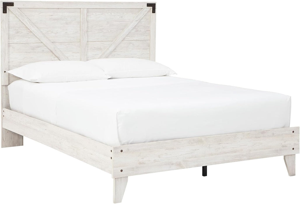 Signature Design by Ashley Shawburn Industrial Queen Crossbuck Panel Platform Bed with Metal Slats, Foundation or Box Spring Not Needed, Whitewash