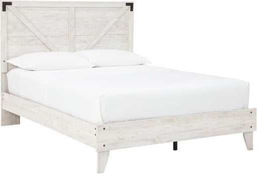 Signature Design by Ashley Shawburn Industrial Queen Crossbuck Panel Platform Bed with Metal Slats, Foundation or Box Spring Not Needed, Whitewash