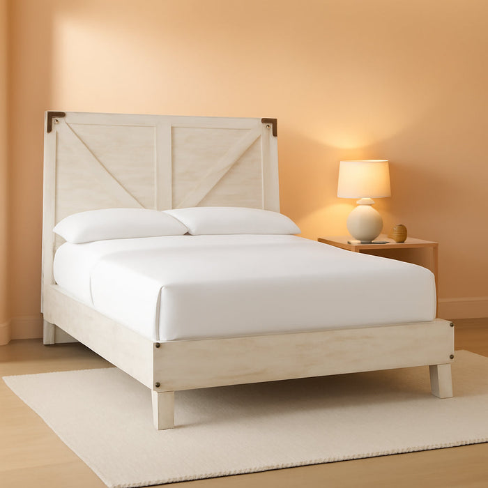 Signature Design by Ashley Shawburn Industrial Queen Crossbuck Panel Platform Bed with Metal Slats, Foundation or Box Spring Not Needed, Whitewash