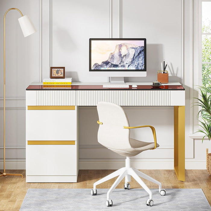 Computer Desk with 4 Drawers, 47 Inch Modern Home Office Desk with Glass Top, White and Gold Writing Workstation Desk with Storage, Makeup Vanity Table for Living Room, Bedroom