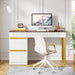 Computer Desk with 4 Drawers, 47 Inch Modern Home Office Desk with Glass Top, White and Gold Writing Workstation Desk with Storage, Makeup Vanity Table for Living Room, Bedroom