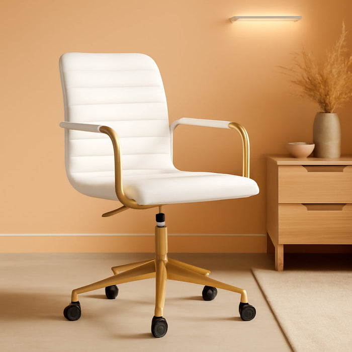 Taytum Swivel Task Chair with Armrests for Home Office in White Faux Leather with Polished Brass Frame