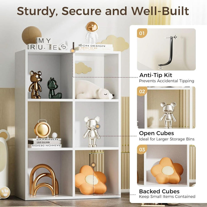 6 Wood Cube Storage Organizer with Open Back and Removable Back Panels, 11In White Cube Storage Bookshelf, Cubicle Shelf Bookcase for Home Office Bedroom Living Room, Vertical or Horizontal