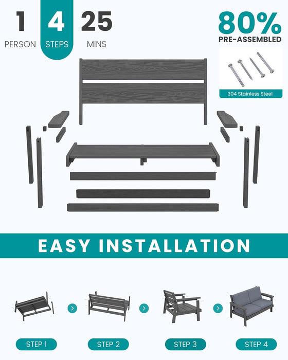4 Piece HDPE Outdoor Furniture Set, All Weather Wood-Like Outdoor Sofa Sectional Couch, Grey Patio Furniture Set with Grey Cushions