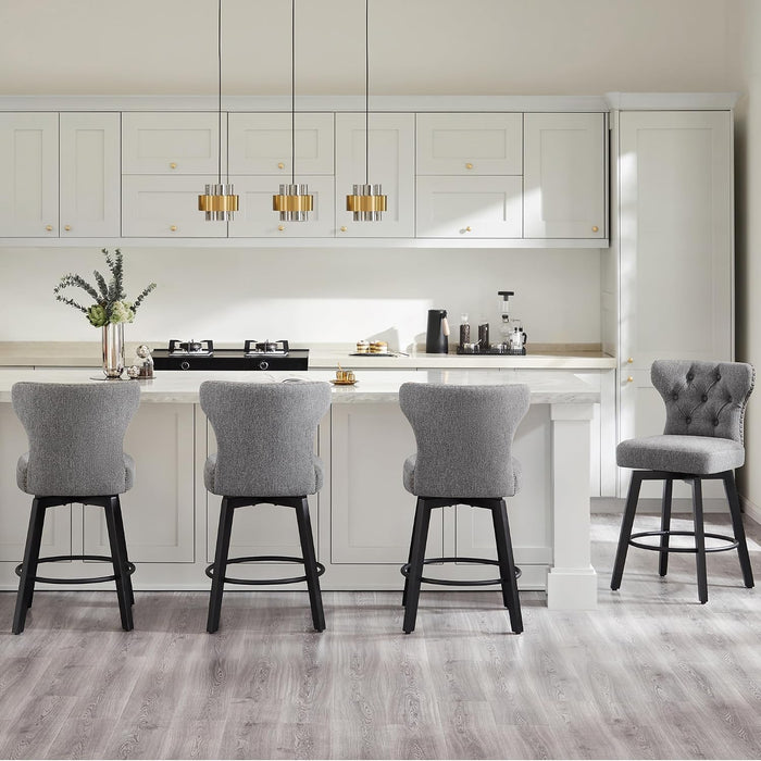 Counter Height Barstools 26 Inch Upholstered Button Tufted Swivel Bar Stools with Back and Wood Legs for Kitchen Island,Set of 2,Grey-Nailhead Trim