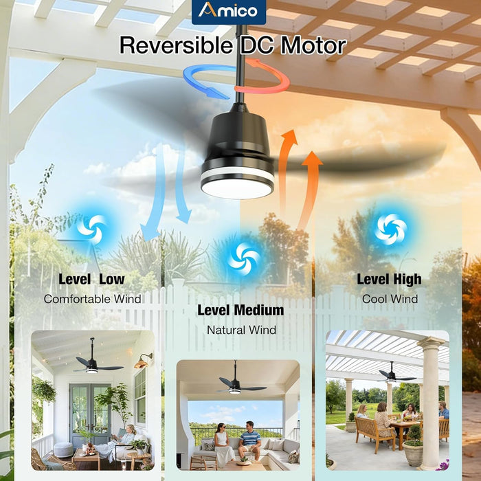 42 Inch Outdoor Ceiling Fans with Lights for Patios, IP65 Waterproof Gazebo Fan Remote Control,3Cct, 6 Speeds, Hook Hanging Plug in Ceiling Fan for Patio Porch Pergola Garage Canopy (Black)