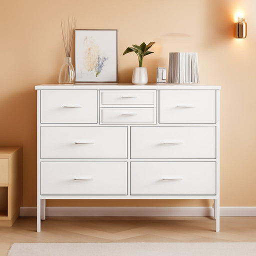 10-Drawer Dresser, Fabric Storage Tower with Drawers for Bedroom, Dresser Drawer with Handle for Bedroom, Living Room, Hallway, Closets & Nurseryteel Frame, Wood Top (10 Drawer/White)