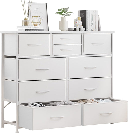 10-Drawer Dresser, Fabric Storage Tower with Drawers for Bedroom, Dresser Drawer with Handle for Bedroom, Living Room, Hallway, Closets & Nurseryteel Frame, Wood Top (10 Drawer/White)