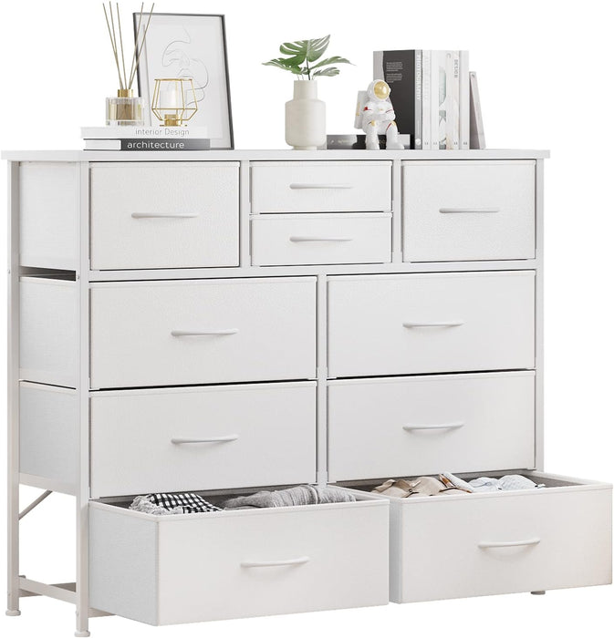 10-Drawer Dresser, Fabric Storage Tower with Drawers for Bedroom, Dresser Drawer with Handle for Bedroom, Living Room, Hallway, Closets & Nurseryteel Frame, Wood Top (10 Drawer/White)