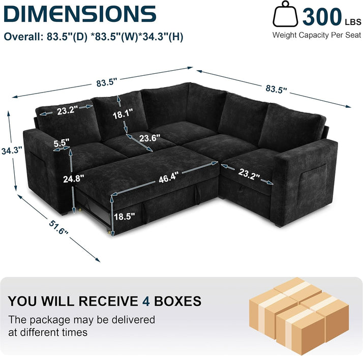 Black 83Inch DeluxeSleeper Sectional Sofa With Storage