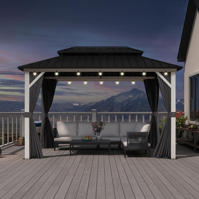 8' X 12' Outdoor Gazebo Galvanized Steel Double Roof White Aluminum Frame Hardtop Heavy Duty Gazebo with Curtain and Netting for Patio Garden and Backyard, Grey