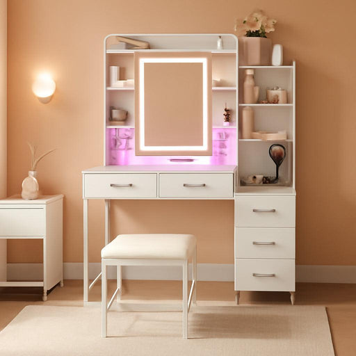 Vanity Desk with Mirror and LED Lights, 43" Makeup Vanity with Glass Top & Wireless Charging, Vanity with RGB Drawers, 3 Colors Light, Power Outlet Safety Switch for Bedroom, White