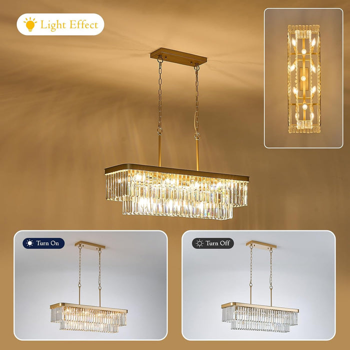 Gold Crystal Chandelier 11 Lights Rectangular Fixture