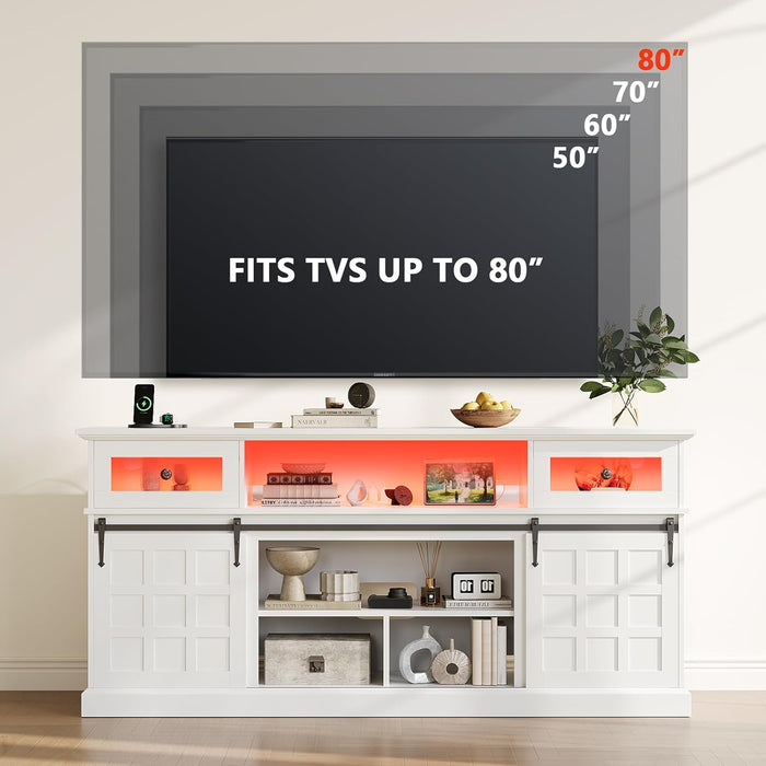 TV Stand for 80 Inch Tvs, LED Entertainment Center with Power Outlet, Farmhouse TV Stand W/Drawers & Sliding Barn Door, Media Console with Storage Cabinets for Living Room, White&Brown