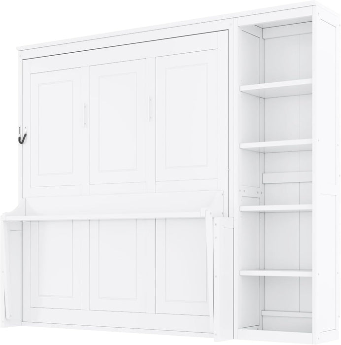 Murphy Bed Chest Full Size,Hideaway Wall Bedframe with Desk and Bookshelf,Space Saving Cabinet Bed W/Shelf,Slat Support,Can Be Folded,Bedroom Furniture for Small Space,White