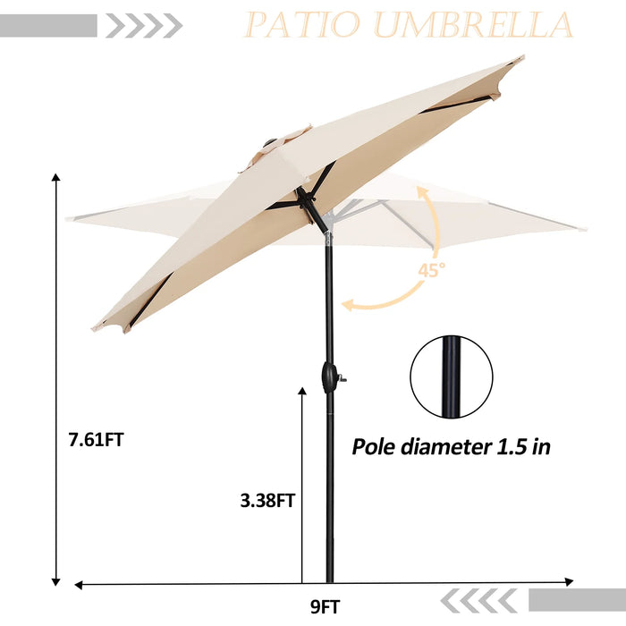 9Ft Patio Umbrella Outdoor Portable Table Market Umbrella with Push Button Tilt/Crank Waterproof Uv-Proof, Khaki