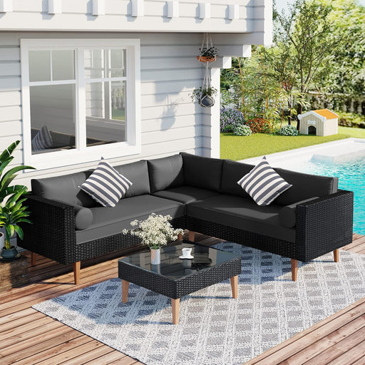 4-Pieces Outdoor Wicker Sofa Set L-Shape, Patio Furniture with Colorful Pillows, Porch Balcony Furniture Sofa Set with Coffee Table, Gray Cushions and Black Rattan