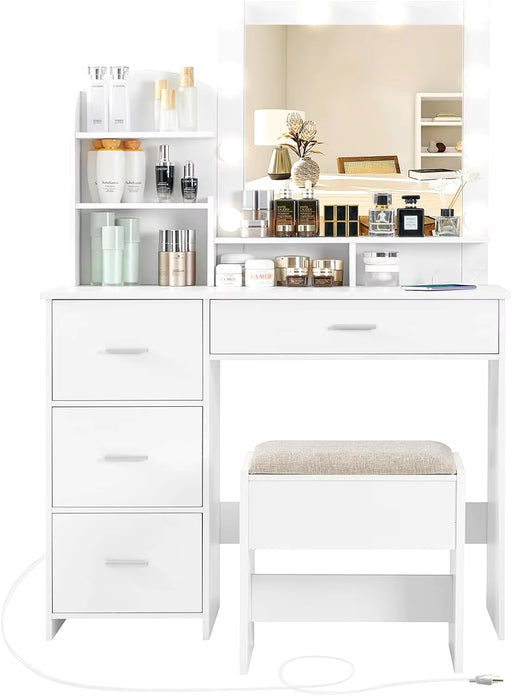 Makeup Vanity with 10 Light Bulbs and Charging Station, Vanity Desk with Lighted Mirror & 4 Drawers Chest, Vanity Set,New USA