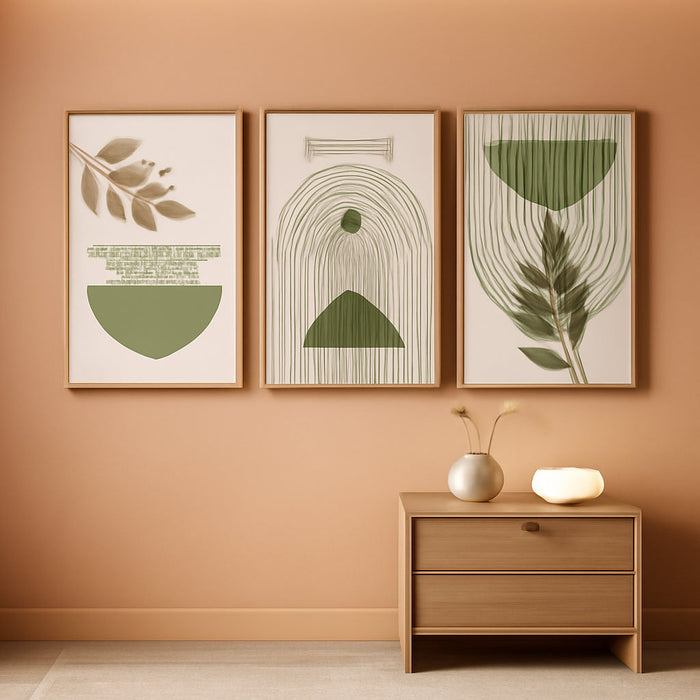 Large 16X24In Green Botanical Boho Wall Art Framed Modern Sage Bohemian Wall Decor Abstract Geometry Lines Prints Ready to Hang Natural Framed