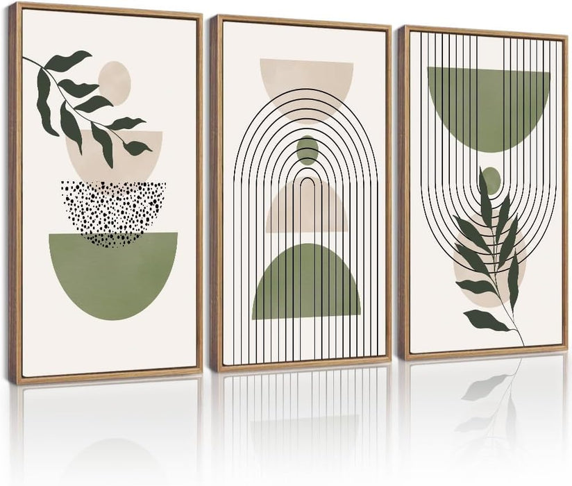 Large 16X24In Green Botanical Boho Wall Art Framed Modern Sage Bohemian Wall Decor Abstract Geometry Lines Prints Ready to Hang Natural Framed