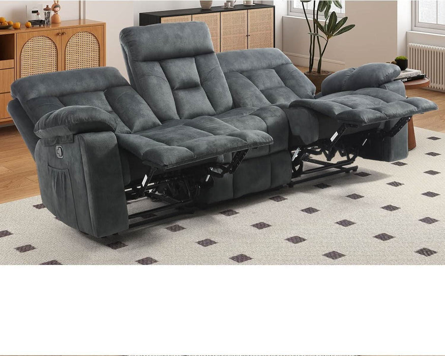 Reclining Sofa for Living Room, Extra Wide Modern Overstuffed 3 Seat Recliner Manual Sofa with Hidden Armrest Cup Holders, Soft Breathable Fabric and Padded Seat, Grey