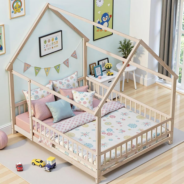 Queen Size Montessori Floor Bed Fence NaturalFinish