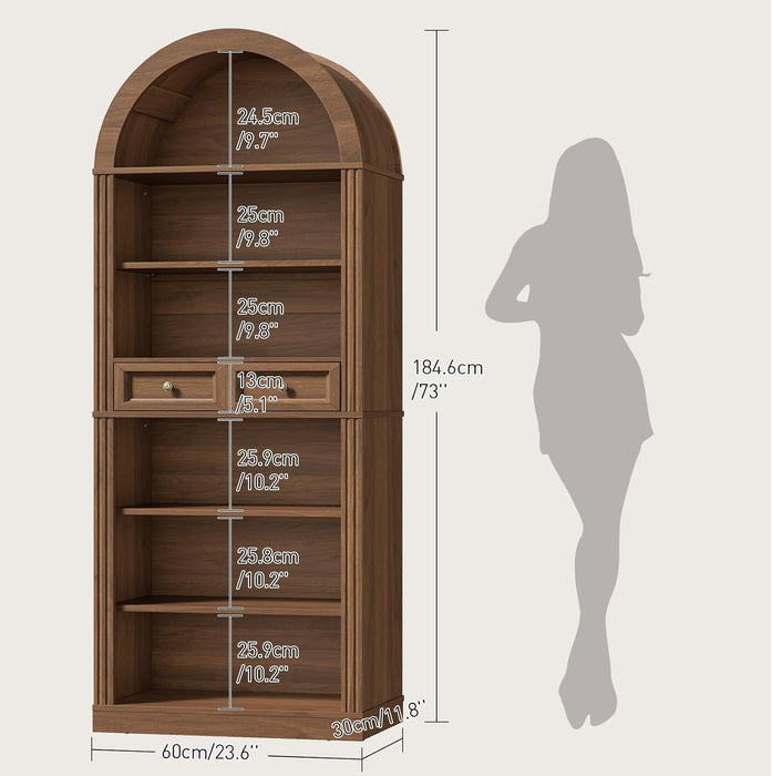 Arched Bookshelf, 73" Tall Arch Bookcase with Drawers, 6-Tier Farmhouse Book Shelf, Wooden Bookshelf with Open Display Shelves for Living Room, Office, Adjustable Shelf, Walnut