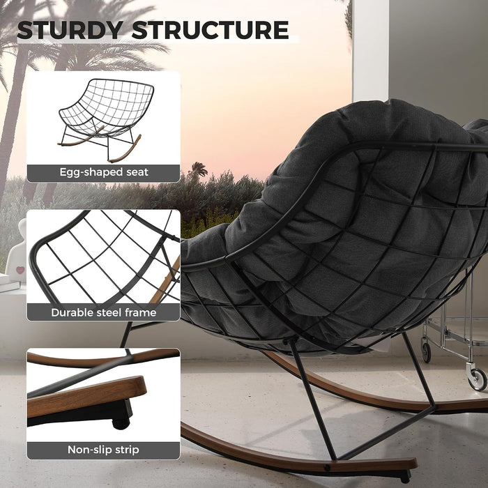 Outdoor Papasan Rocking Chair with Thick Cushion, Light Grey