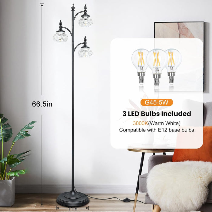 Black Floor Lamp for Living Room,Tall Standing Lamp Dimmable Tree Floor Lamps with 3 Rotatable Lights Glass Shade 66.5'' Modern Corner Lamp for Bedroom Office(3Led Bulbs Included)