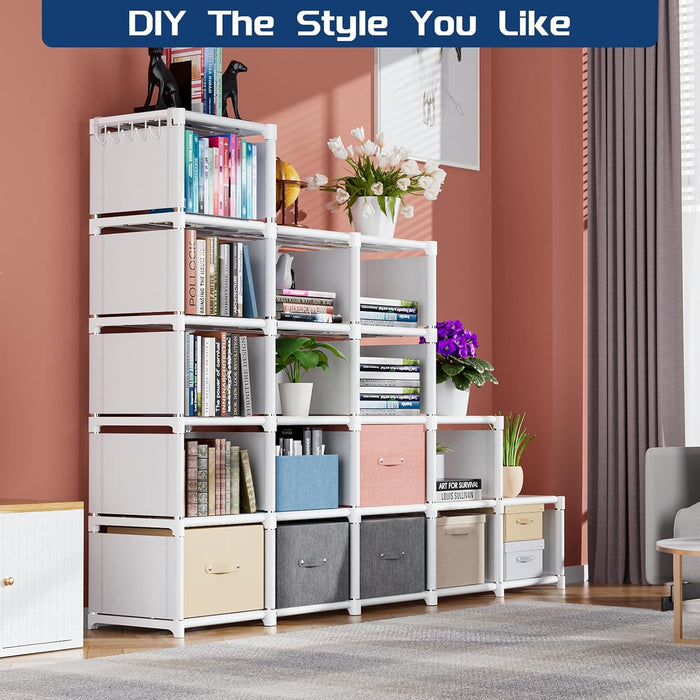 Book Shelf, 18 Cube Storage Organizer, DIY Bookcase, Metal Cube Bookshelf, Tall Book Case for Bedroom, Living Room, Office, Closet Storage Organizer, Black Cubicle Storage Rack-White