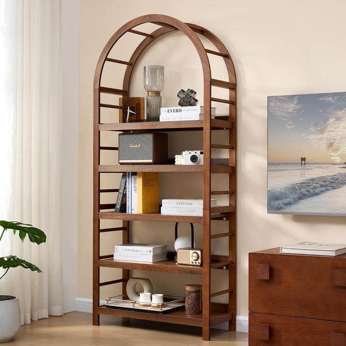 5-Tier Solid Wood Open Bookcase, Modern Arched Bookshelf, Home Office Shelf Storage Organizer, Storage Display Rack Shelf for Living Room (Walnut)