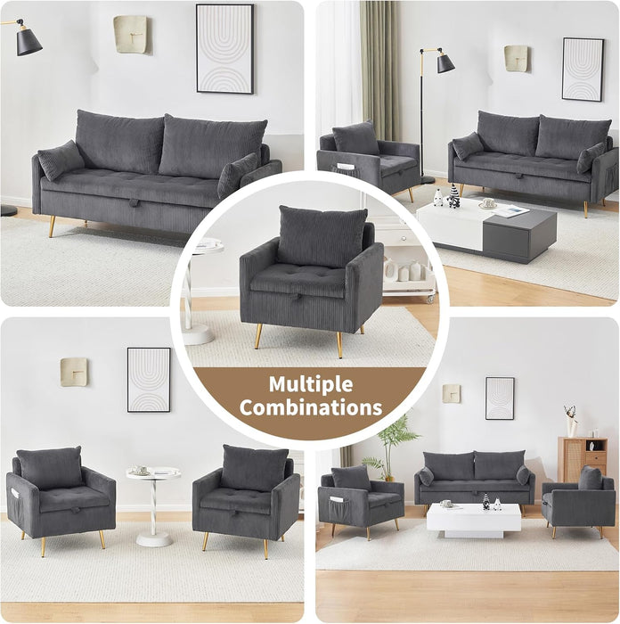 3-Piece Storage Sofa and Couch Set, Corduroy Loveseat with 2Pc Accent Single Chairs, Small Living Room Furniture Set for Apartment, Tiny Homes and Lofts, 3Pc-Gray