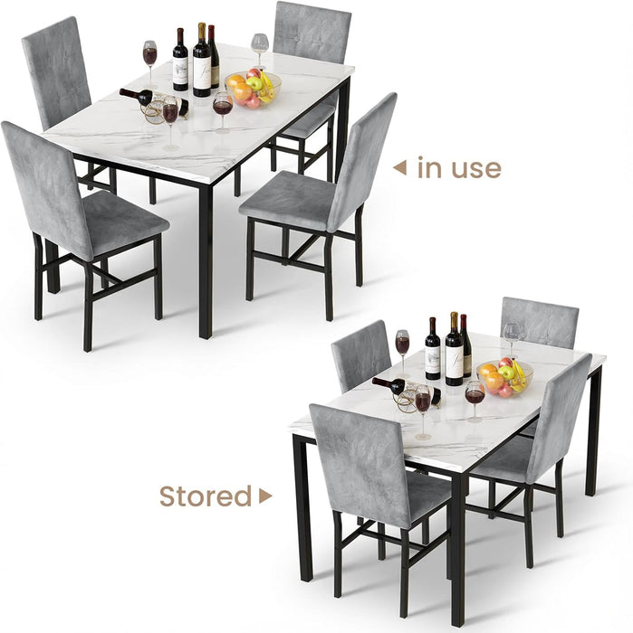 Dining Room Table Set 5 Piece Dining Table Set Marble Dining Table 4 Chair Dining Table Set for Kitchen Living Room Breakfast Small Spaces (White & Grey)