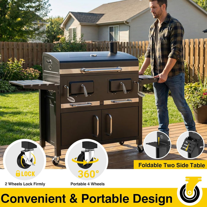 63" Oversized Charcoal BBQ Grill & Smoker, Large Outdoor Grill with 2 Individual Lifting Charcoal Trays, Cabinet-Style Charcoal Grills with Foldable Side Tables, 4 Wheels, Asadores De Carbon
