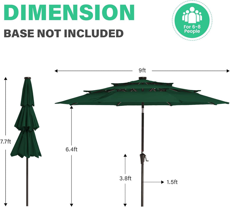9 Ft 3-Tier Outdoor LED Lighted Patio Umbrella W/Crank, Dark Green
