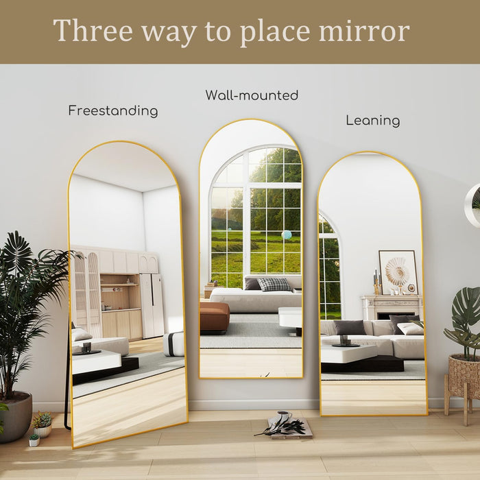 Full Length Mirror, 71''X30'' Floor Mirror with Stand, Arched Wall Mounted Mirror, Large Full Body Mirror with Aluminum Frame Hanging or Leaning for Bedroom, Living Room, Cloakroom (Gold)