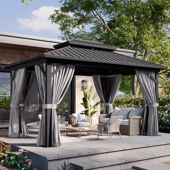 10' X 14' Hardtop Gazebo, Aluminum Metal Outdoor Gazebo with Galvanized Steel Double Roof, Permanent Patio Pavilion with Breathable Netting and Curtains for Dining, Wedding, Party