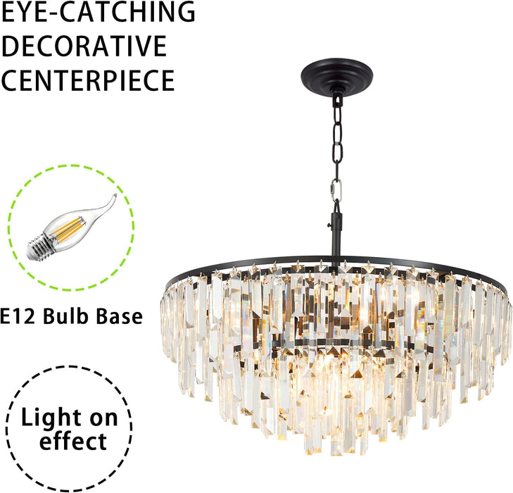 Black Modern round Top K9 Crystal Chandelier Lighting Fixture, 8 Lights round K9 Crystal Adjustable Hanging Lamp for Dining Room Bedroom Living Room,Hallway,Bar,Kitchen W24'