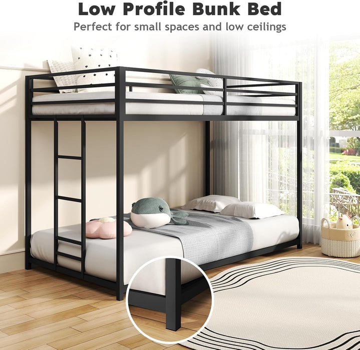 Twin over Twin Bunk Bed, Metal Low Profile Bunkbeds with Full-Length Guardrail and Ladder, Space Saving, No Boxing Spring Needed, Black