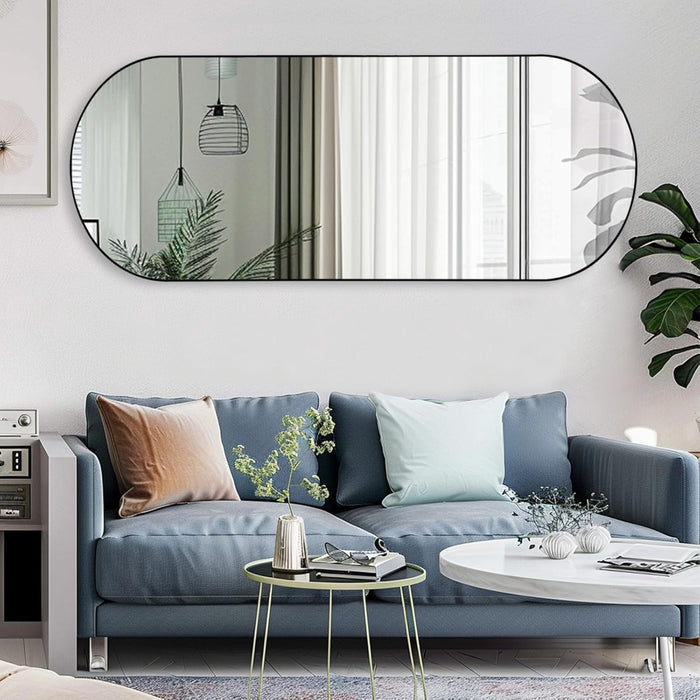 Arched Full Length Floor Mirror, Oval Full Floor Mirror, Large Wall Mounted Arched-Top Body for Living Room, Bedroom, Bathroom, Entryway, Dressing Room (Black, 64 * 21)