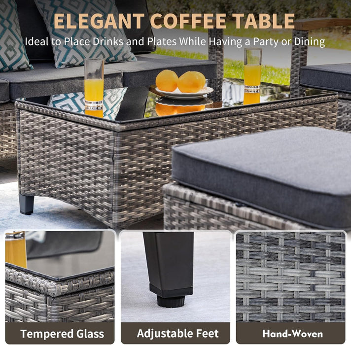 7 Pieces Patio Furniture Sets,Outdoor Rattan Furniture Conversation Sets with 2 Wood Armrests Swivel Rocker Chairs, 2 Ottoman, 2-Seat Sofa and Coffee Table(Grey)